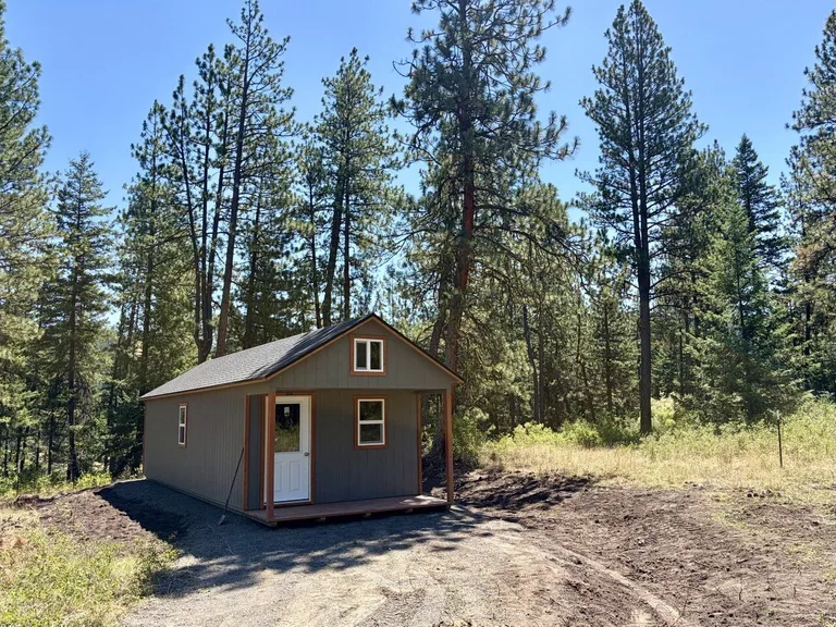 Gray cabin with orange trim and covered porch in a pine forest clearing