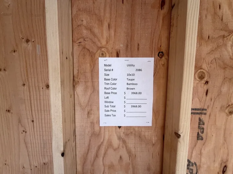 10x10 Utility Shed — specification and pricing sheet