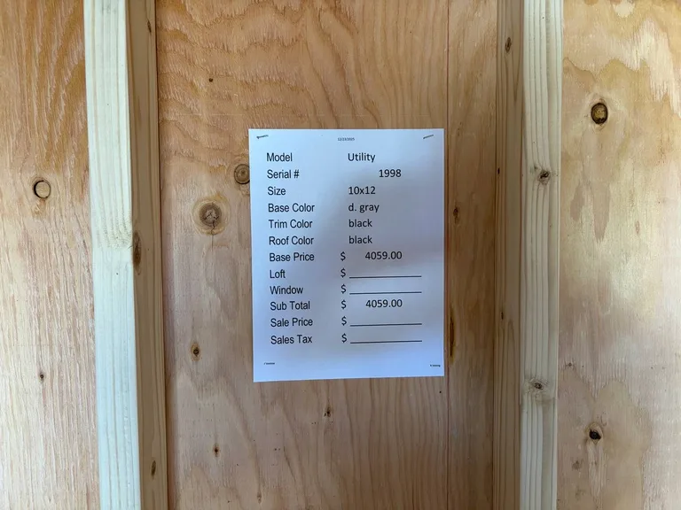 10x12 Utility Shed — specification and pricing sheet