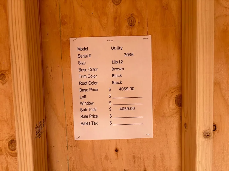 10x12 Utility Shed — specification and pricing sheet