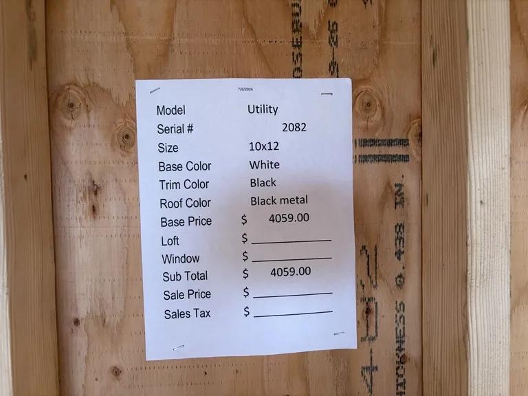 10x12 Utility Shed — specification and pricing sheet