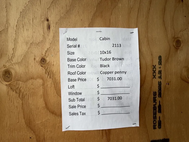 10x16 Cabin — specification and pricing sheet