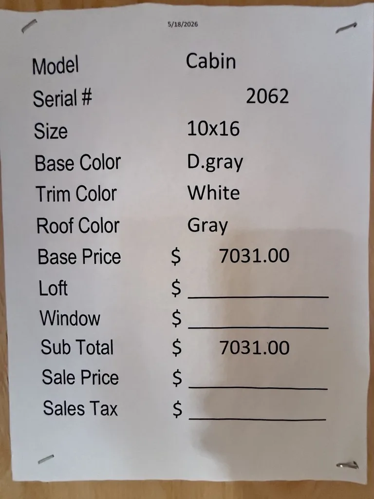10x16 Cabin — specification and pricing sheet