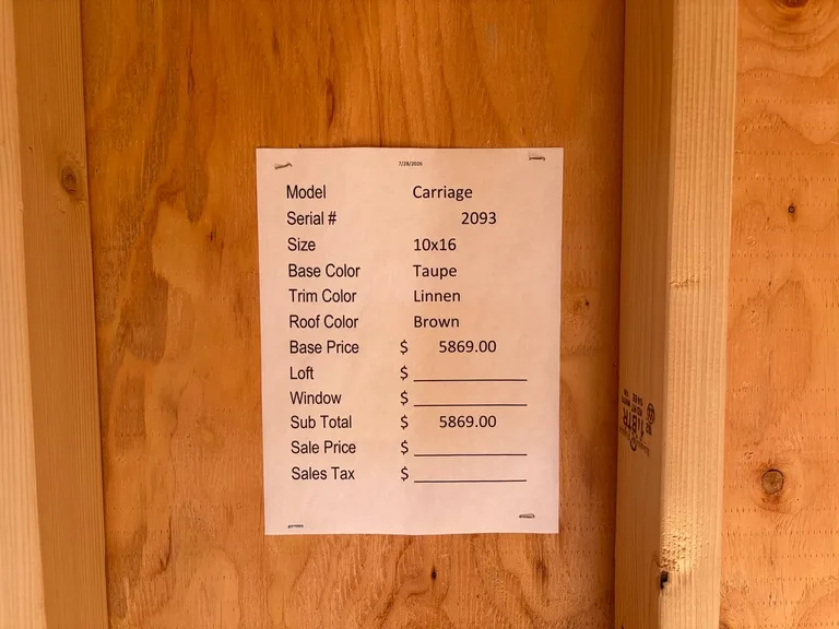 10x16 Carriage — specification and pricing sheet