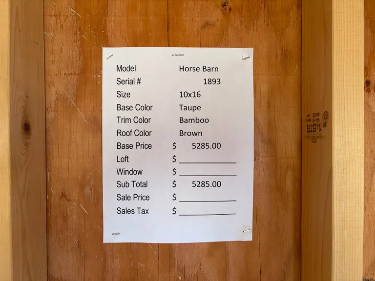 10x16 Horse Barn — specification and pricing sheet