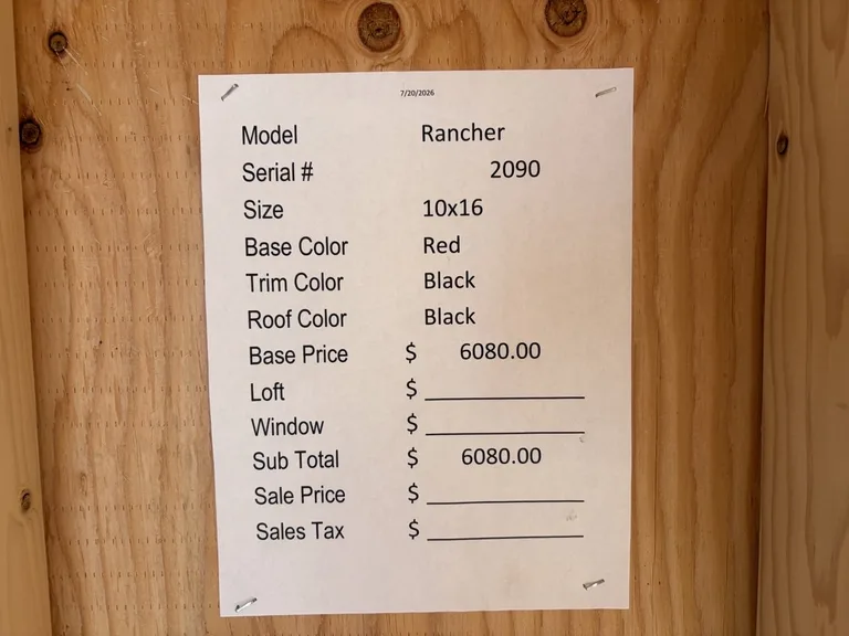 10x16 Rancher Barn — specification and pricing sheet