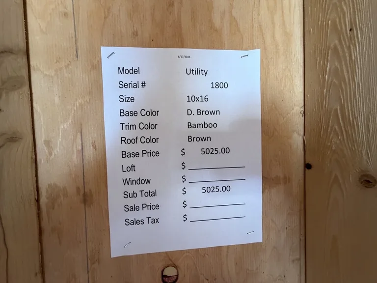 10x16 Utility Shed — specification and pricing sheet