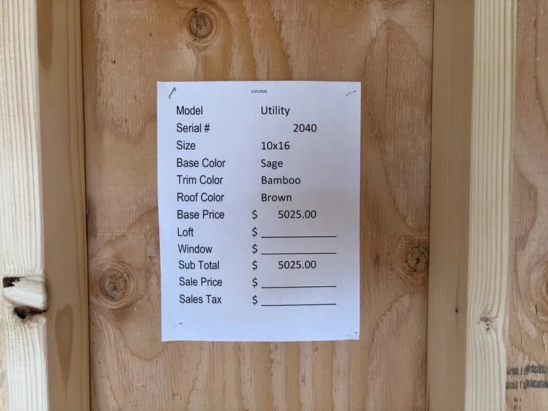 10x16 Utility Shed — specification and pricing sheet