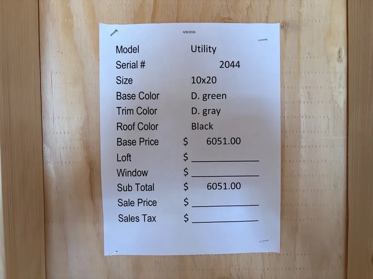 10x20 Utility Shed — specification and pricing sheet