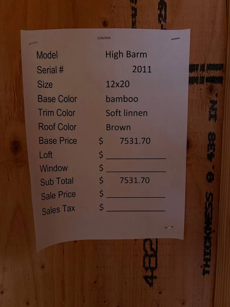 12x20 High Barn — specification and pricing sheet