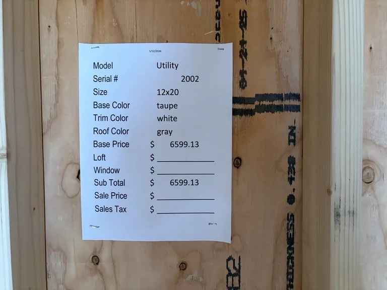 12x20 Utility Shed — specification and pricing sheet