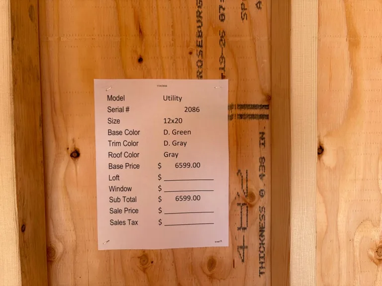 12x20 Utility Shed — specification and pricing sheet