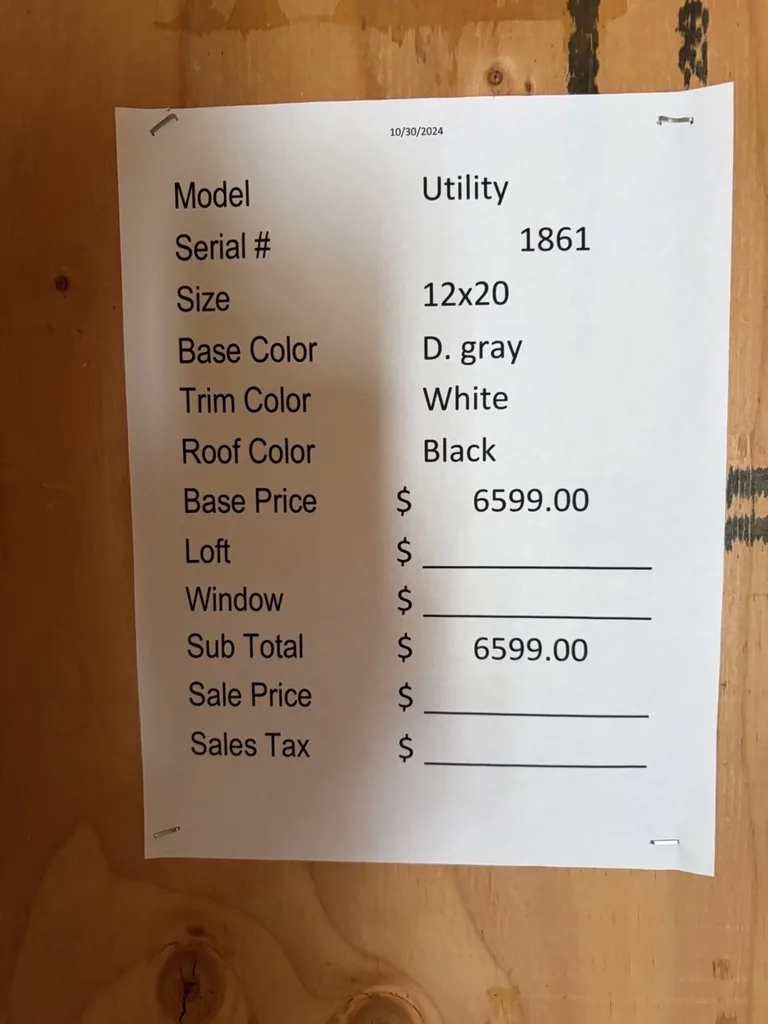 12x20 Utility Shed — specification and pricing sheet
