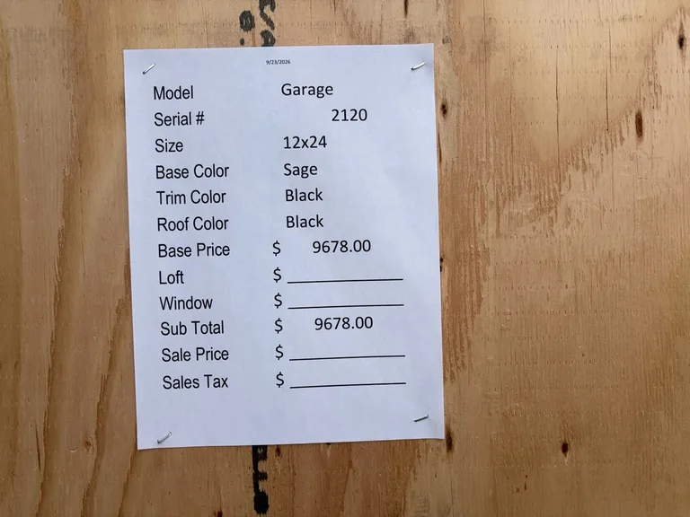 12x24 Garage — specification and pricing sheet