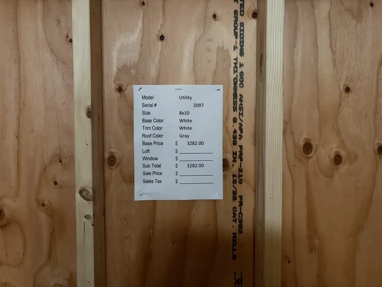 8x10 Utility Shed — specification and pricing sheet