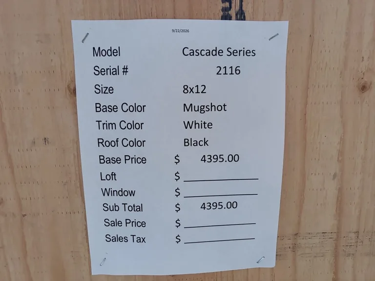 8x12 Cascade Series — specification and pricing sheet
