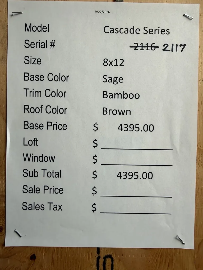8x12 Cascade Series — specification and pricing sheet