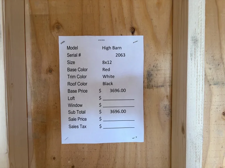 8x12 High Barn — specification and pricing sheet