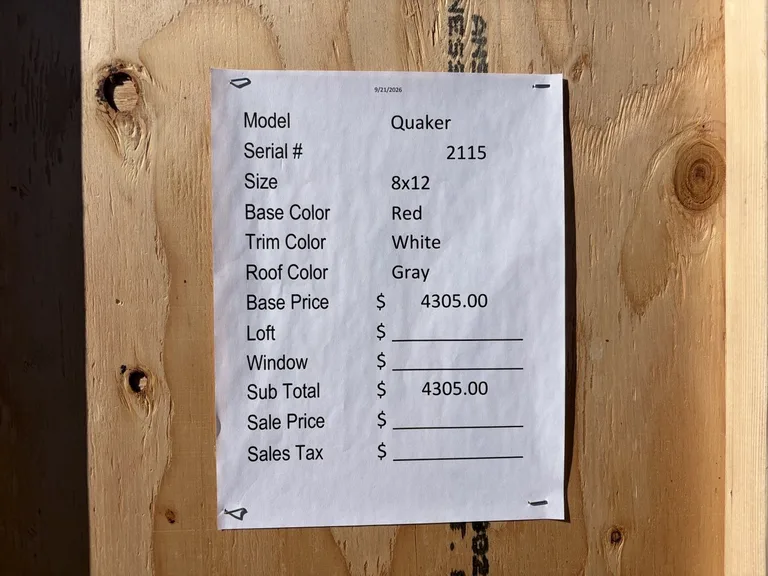 8x12 Quaker Shed — specification and pricing sheet