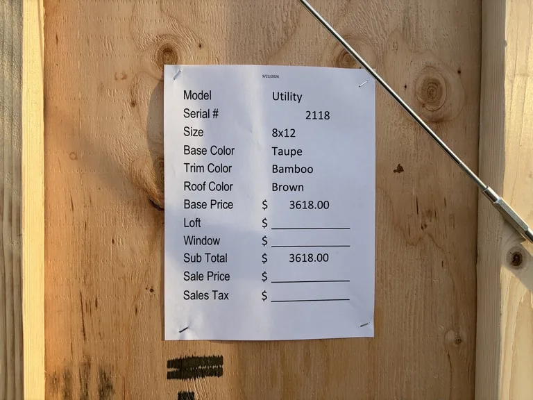 8x12 Utility Shed — specification and pricing sheet