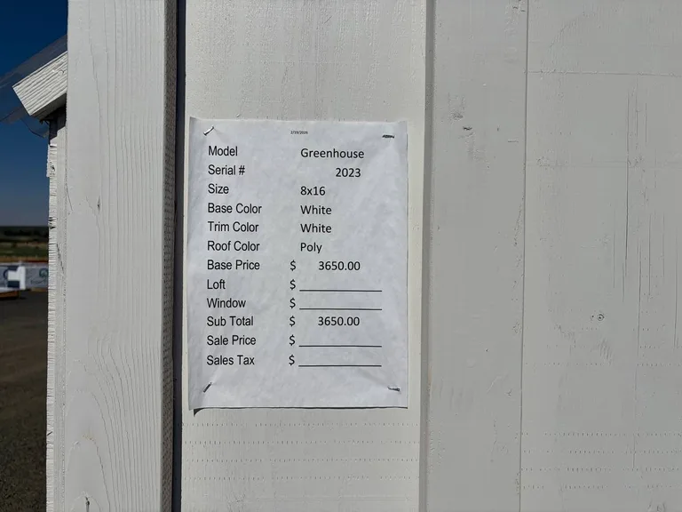 8x16 Greenhouse — specification and pricing sheet
