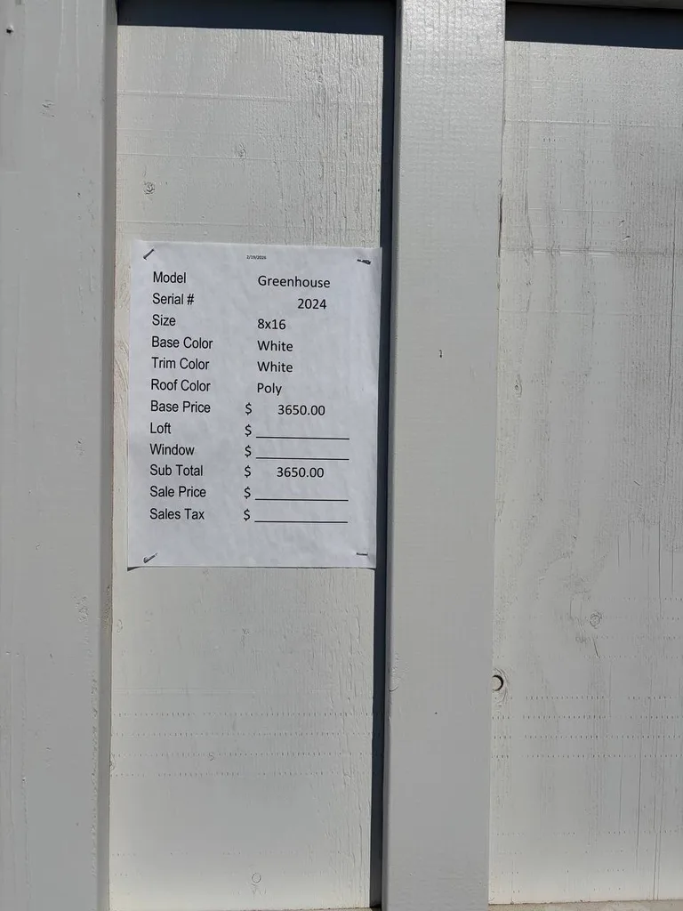 8x16 Greenhouse — specification and pricing sheet