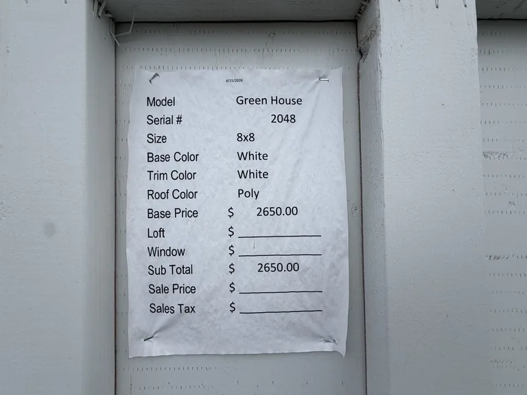 8x8 Greenhouse — specification and pricing sheet