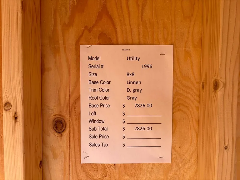 8x8 Utility Shed — specification and pricing sheet