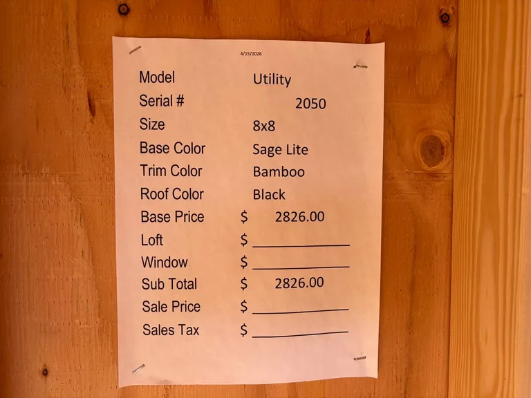 8x8 Utility Shed — specification and pricing sheet