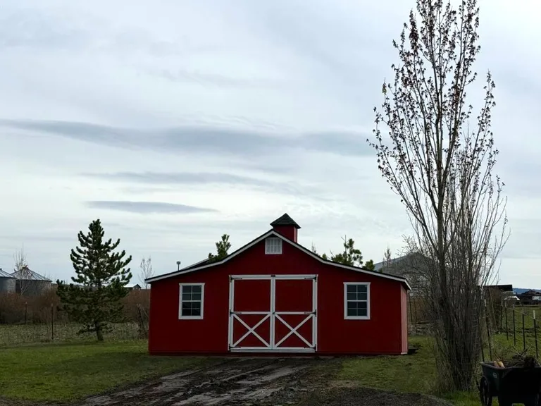 Classic red Rancher barn with white trim, cupola, and crossbuck double doors