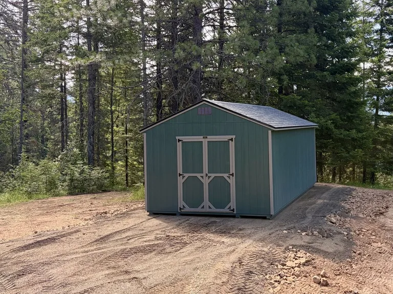 Green utility style shed with double doors on a wooded property